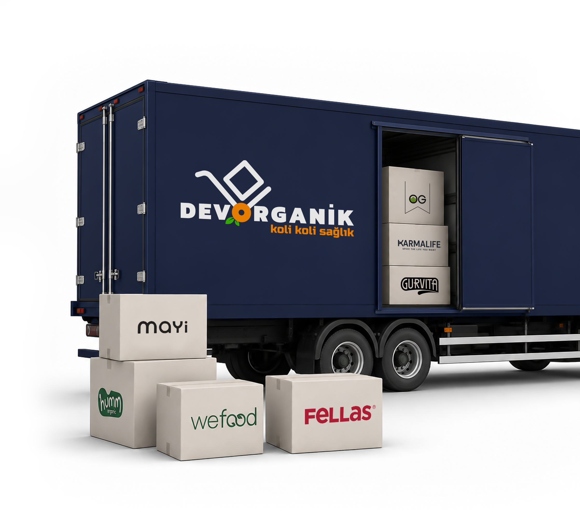 Dev Organik dağıtım aracı ve ürün kolileri